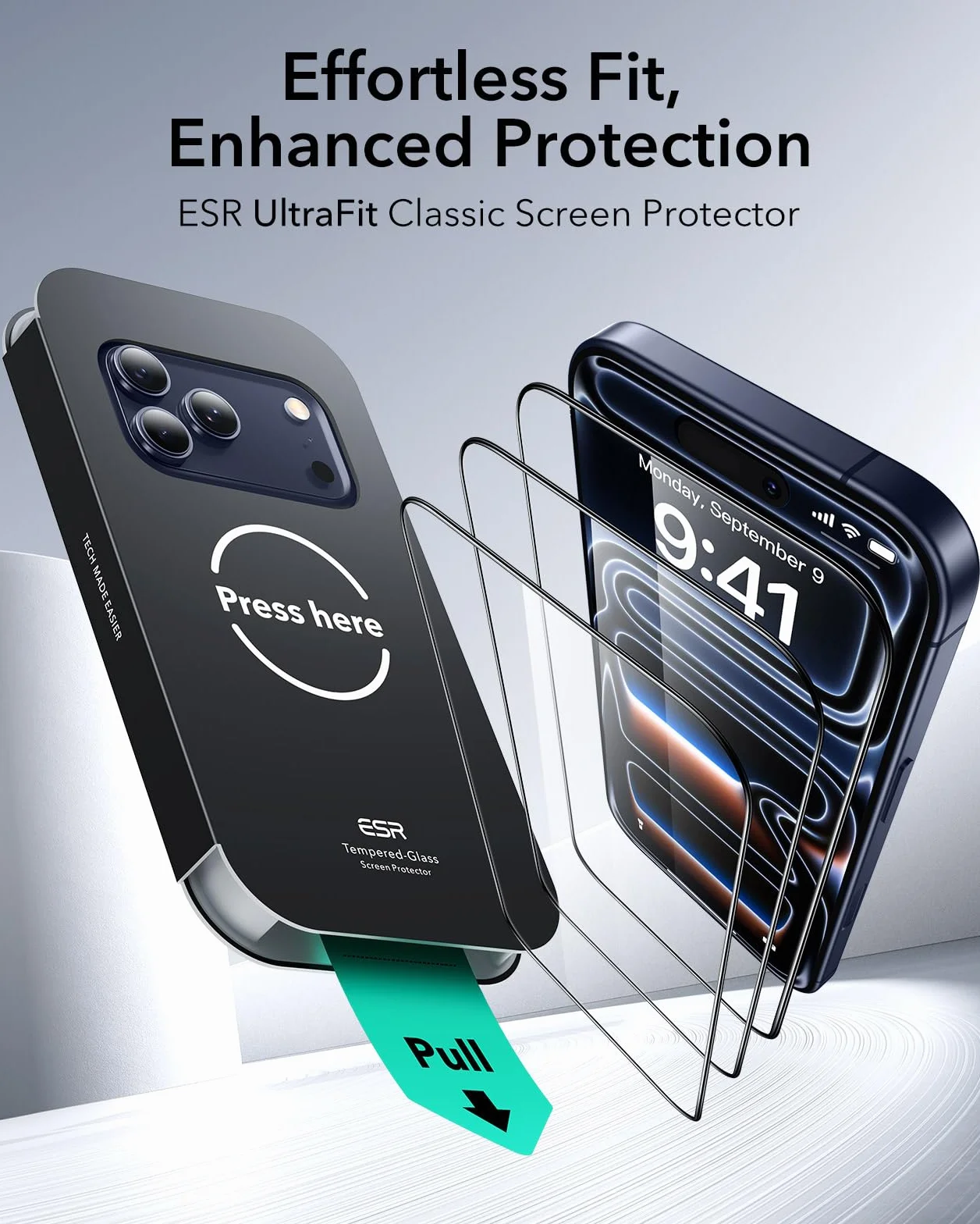 ESR Verre Trempé pour iPhone 17 Pro Max, Protections D'écran de qualité militaire, dureté 9H,Incassables, Couverture Complète, avec Plateau UltraFit, Lot de 3