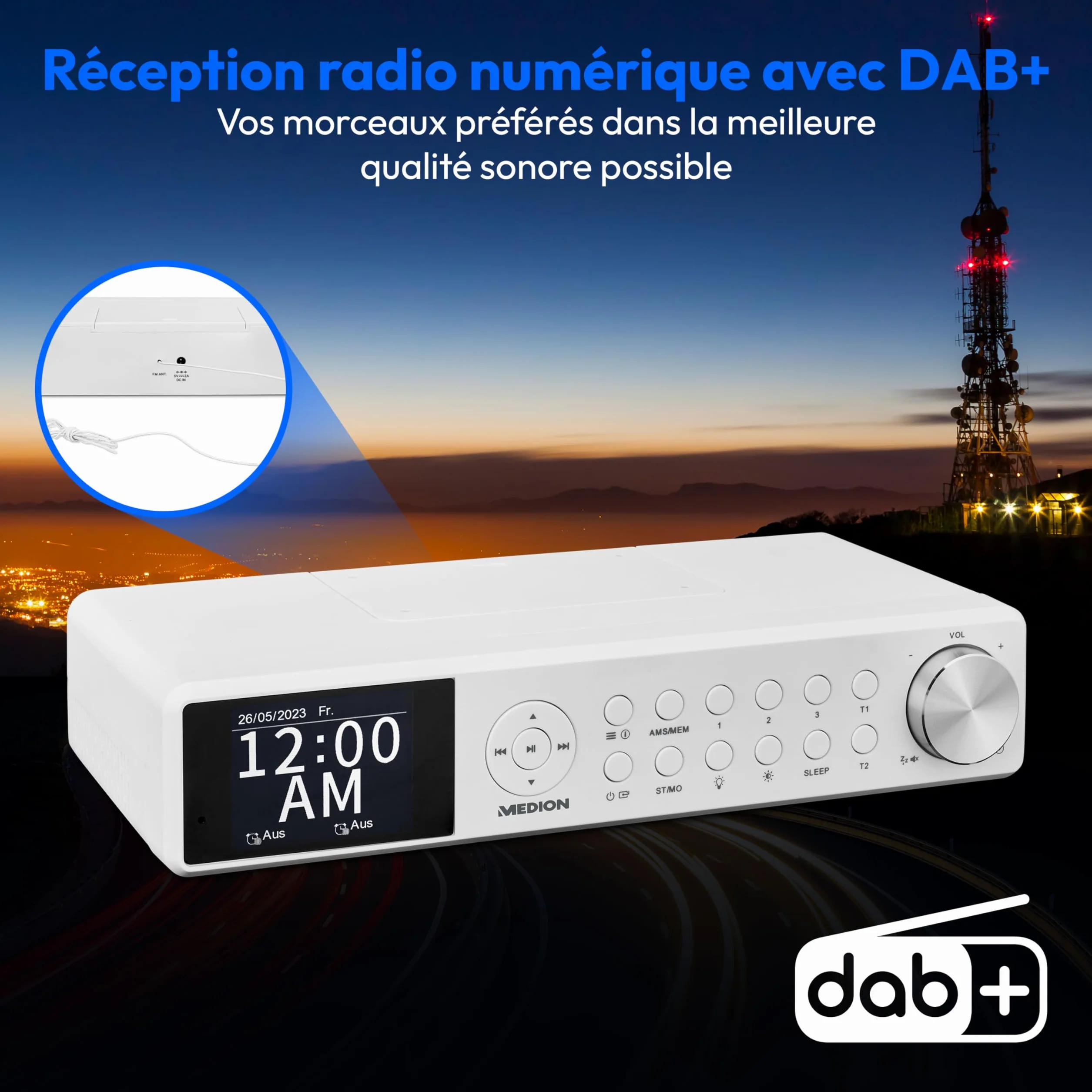 MEDION P66750 Radio de cuisine encastrable (radio de cuisine DAB+, radio FM PLL, écran couleur TFT à intensité variable, minuterie de cuisson, Bluetooth, barre LED, matériel de montage inclus), blanch