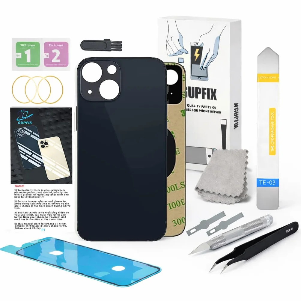 Vitre arrière de Rechange pour iPhone 13 avec Outils de réparation, Grand Trou arrière de Rechange pour Tous Les transporteurs avec adhésif pré-installé et Kits d'outils de réparation (Noir)