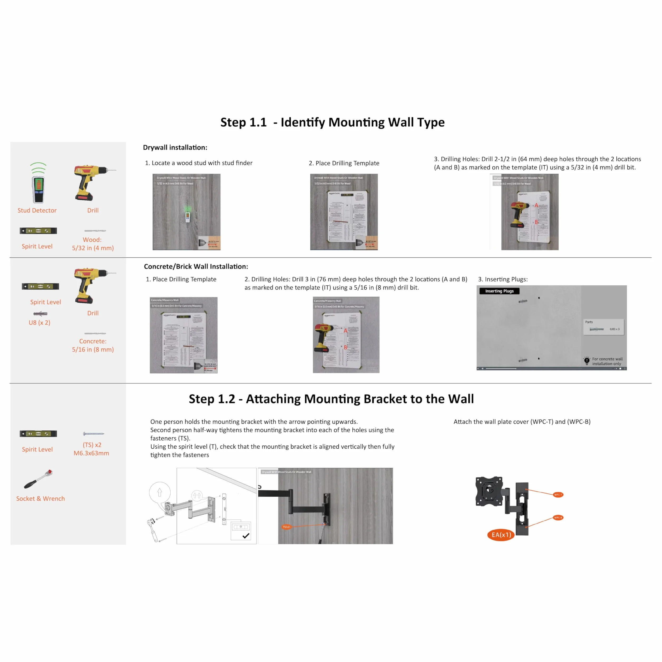 Amazon Basics Support Mural Pour Téléviseur, Mouvement Complet, Pivotant et Inclinable, Pour Téléviseurs ou Écrans Plats et Incurvés 12 à 40 Pouces Jusqu’à 36kg, Support TV, VESA max. 200x200mm, Noir