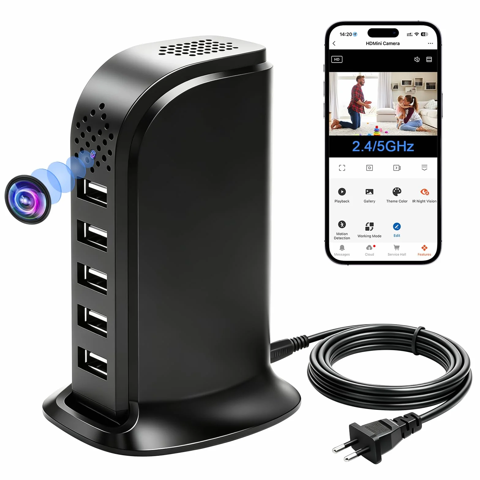 Caméra Cachée Wi-FI 5G, Chargeur USB à 5 Ports avec Caméra Cachée, Mini-caméra Espion Wi-FI HD 1080P, MiniCaméra Cachée WiFi USB avec Détection de Mouvement et Enregistrement en Boucle