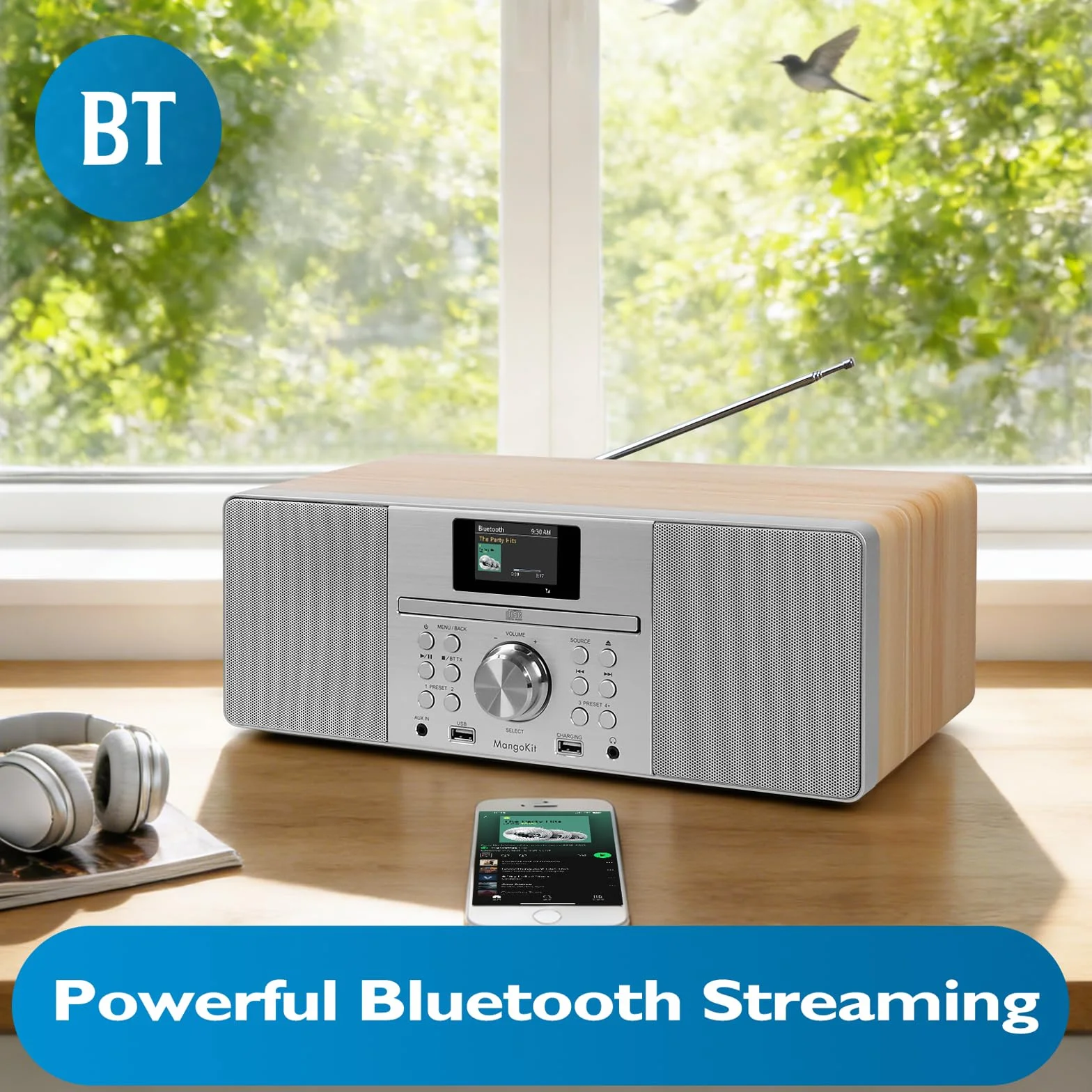 Lecteur CD avec Radio Dab/Dab+ et FM, Streaming Bluetooth, système Hi-FI stéréo 80 W, écran Couleur, 60 Stations préréglées, télécommande, Coffret en Bois Acoustique, MANGOKIT MS1-Arce