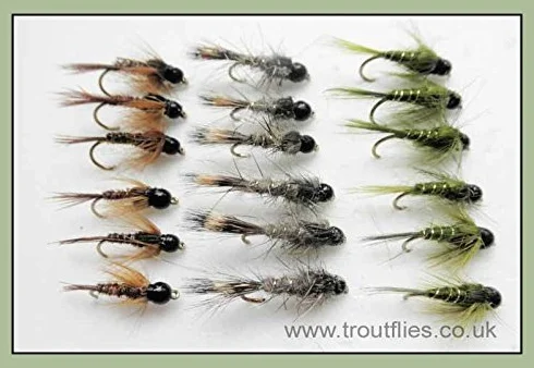 Mouches à truite en perles de tungstène, nymphes, olives, oreilles de lapin, queue de faisan, mélange 10/12/14