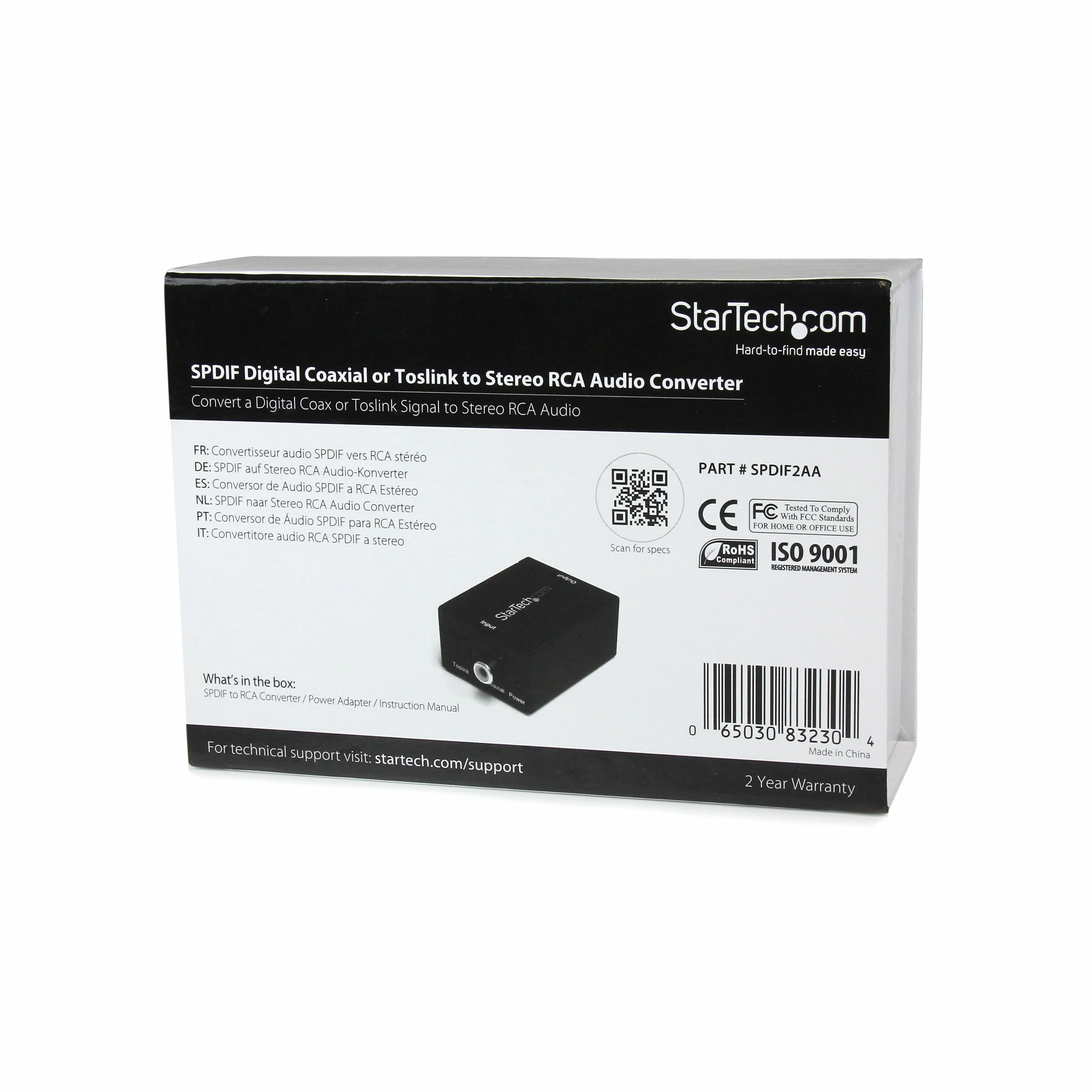 StarTech.com SPDIF2AA Convertisseur audio coaxial numérique Toslink SPDIF vers RCA stéréo Noir