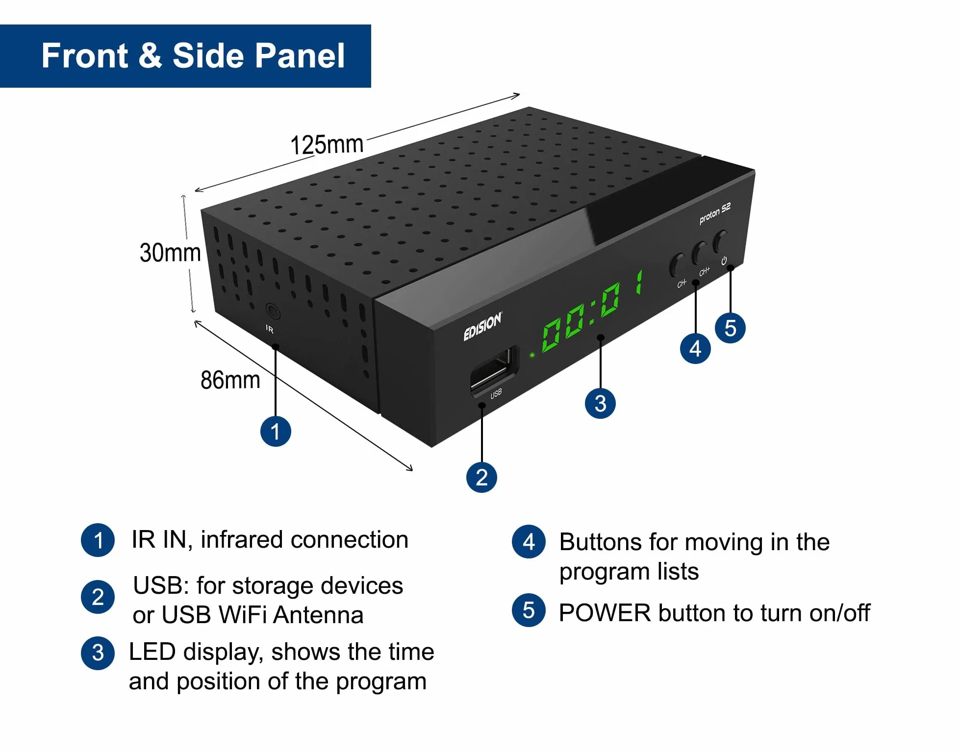 EDISION PROTON S2, DVB-S2 Full High Definition Free-Τo-Air récepteur satellite, WiFi support, Télécommande IR 2en1