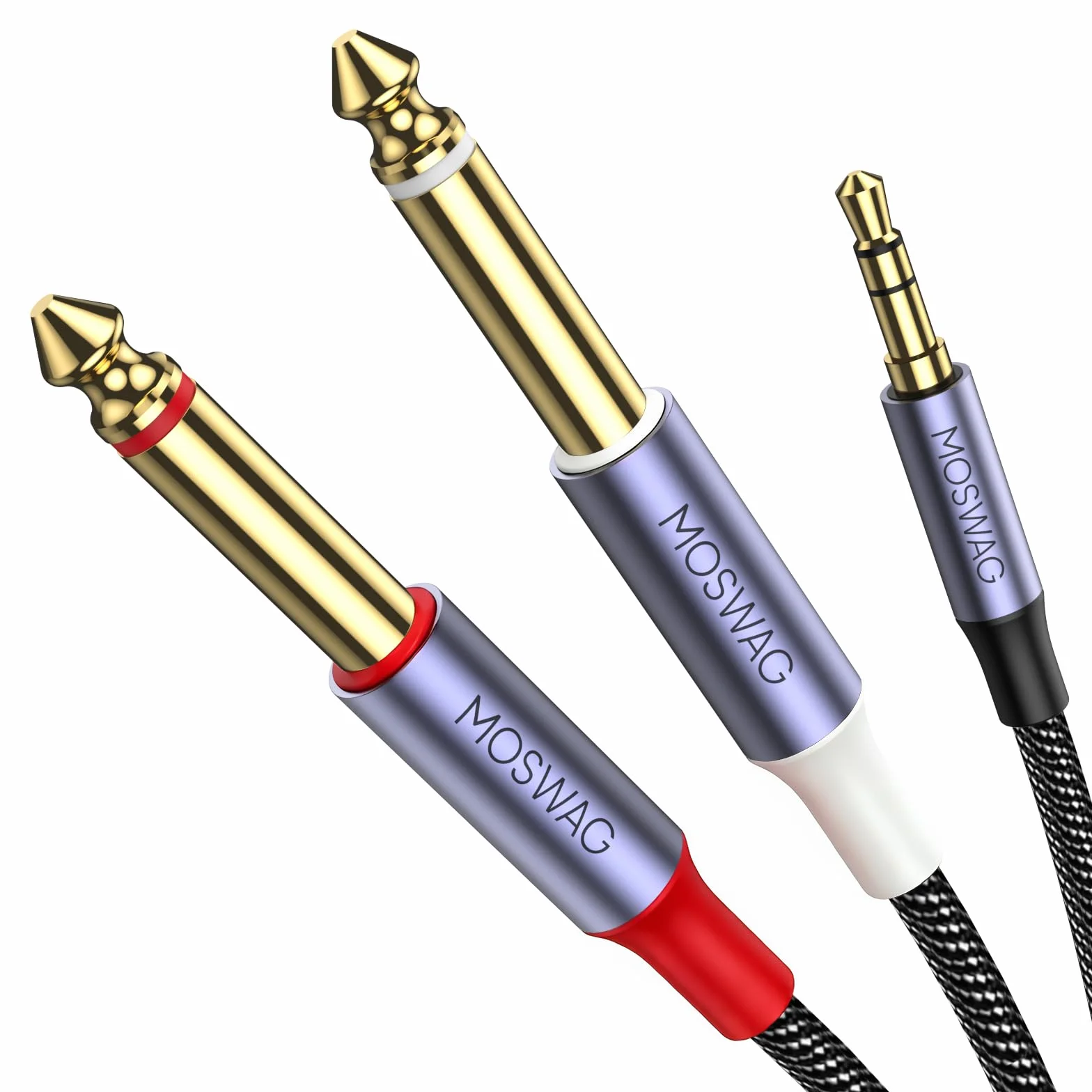 MOSWAG Câble Audio 3.5mm vers Double 6.35mm 1M, 6.35 vers 3.5 Mâle Y Splitter TRS Jack, Plaqué Or Nylon Tressé 3,5mm à 2X 6,35mm Splitter Câble pour Amplificateur, Cinéma Maison