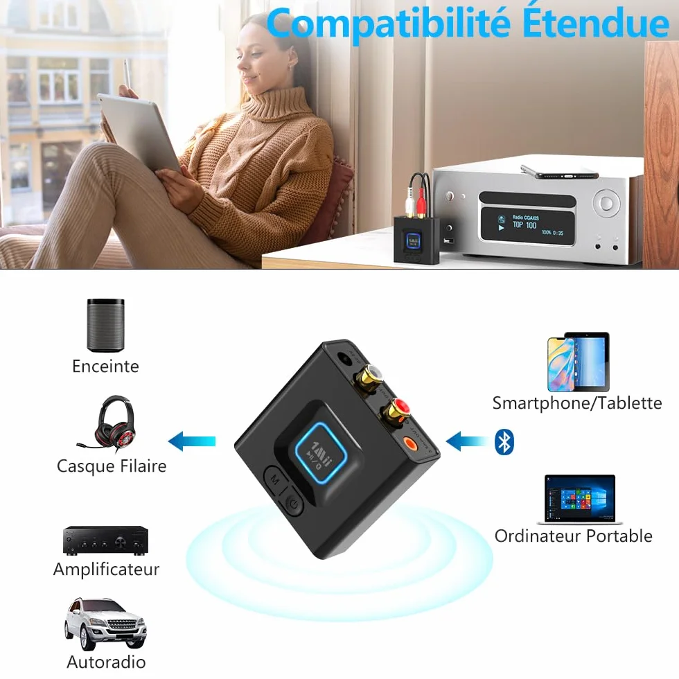 1Mii ML201 Récepteur Bluetooth 5.1, Modernisez Votre Ancien Système Audio | Adaptateur Bluetooth 3,5mm/RCA, Streaming Hi-Fi sans Fil depuis Mobile/Tablette vers Enceinte Filaire, 12H Lecture, Mode Bass