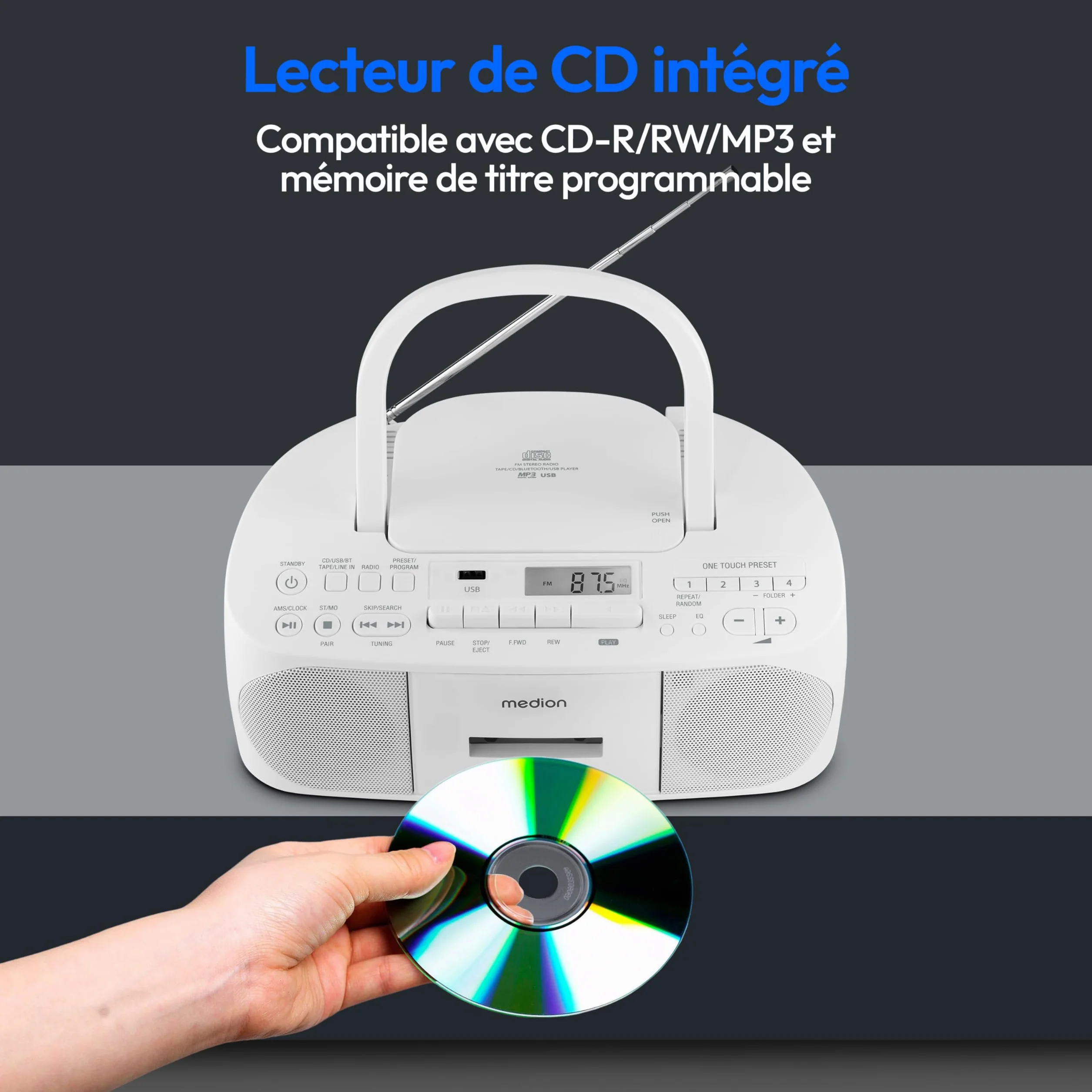 MEDION Radio Stéréo E65010 Lecteur CD Cassette USB AUX MP3 FM PLL 40 Stations Batterie Télécommande Blanc