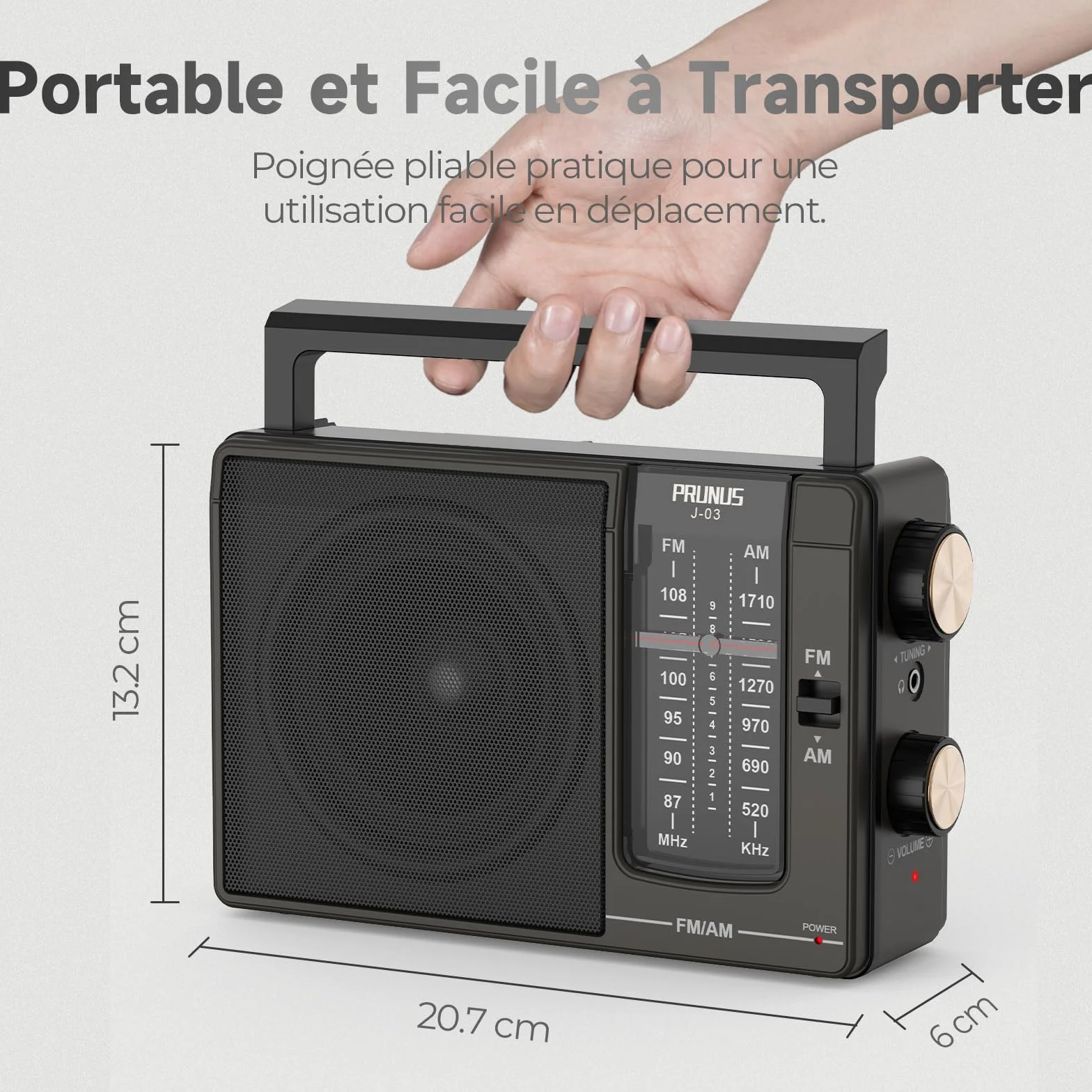 Poste Radio FM/AM PRUNUS J-03 Radio Portable Piles et Secteur, Transistor Haute Performance, Excellente Réception DSP, Haut-Parleur Puissant, Prise Casque 3.5mm - Idéal pour Personnes Âgées, Cuisine