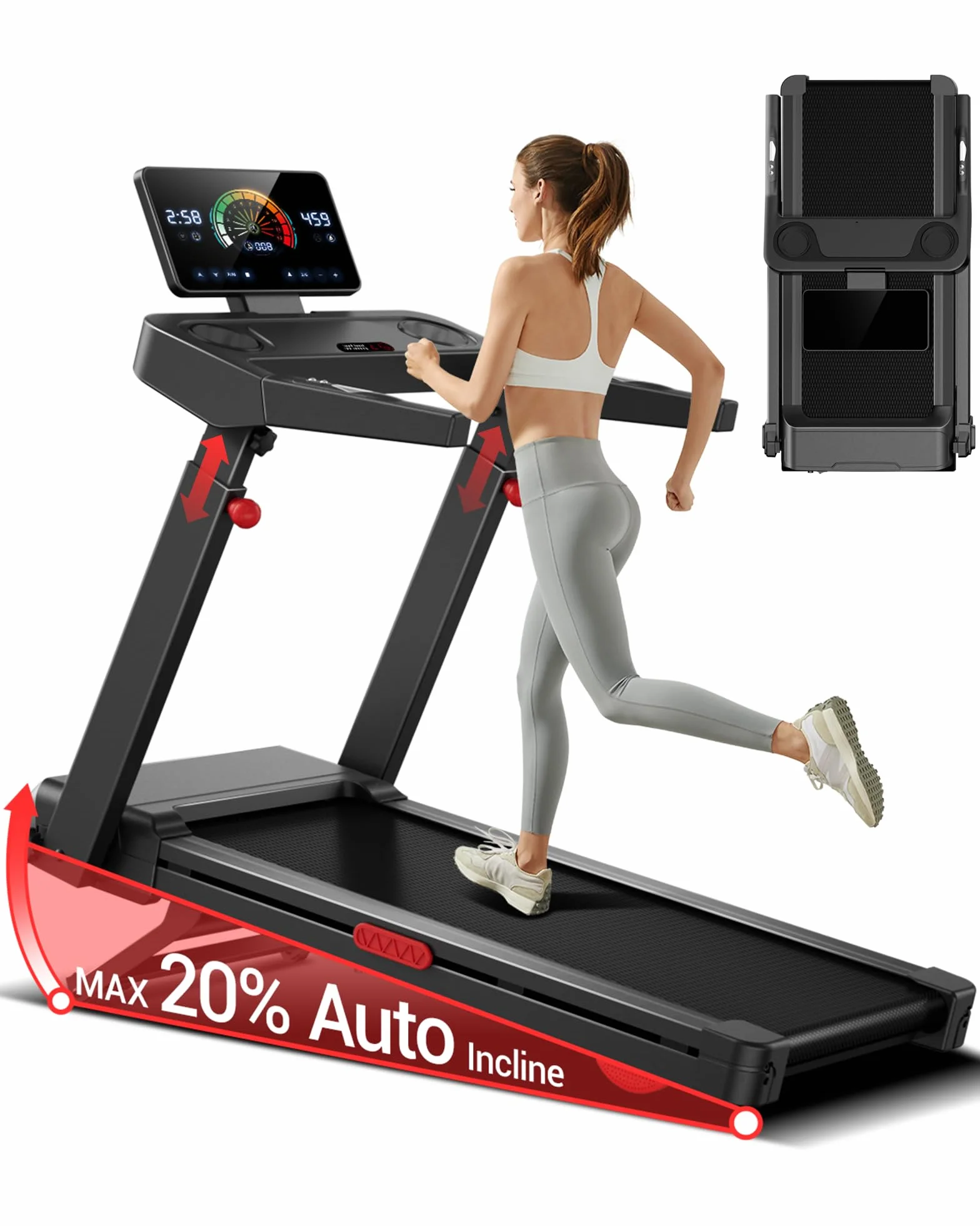 LONTEK Tapis Roulant Pliable 14KM/H Inclinaison Automatique 20% Moteur 3,5CV Charge Max 180KG