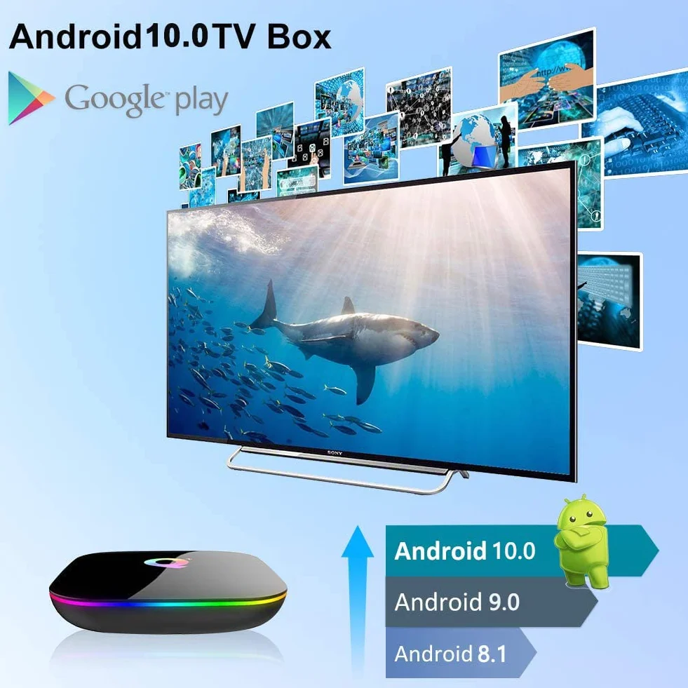 Android TV Box Q Plus 10.0 2GB RAM 16GB ROM H616 Quad Core Cortex-A53 6K 3D 2.4GHz WiFi 10/100M Ethernet