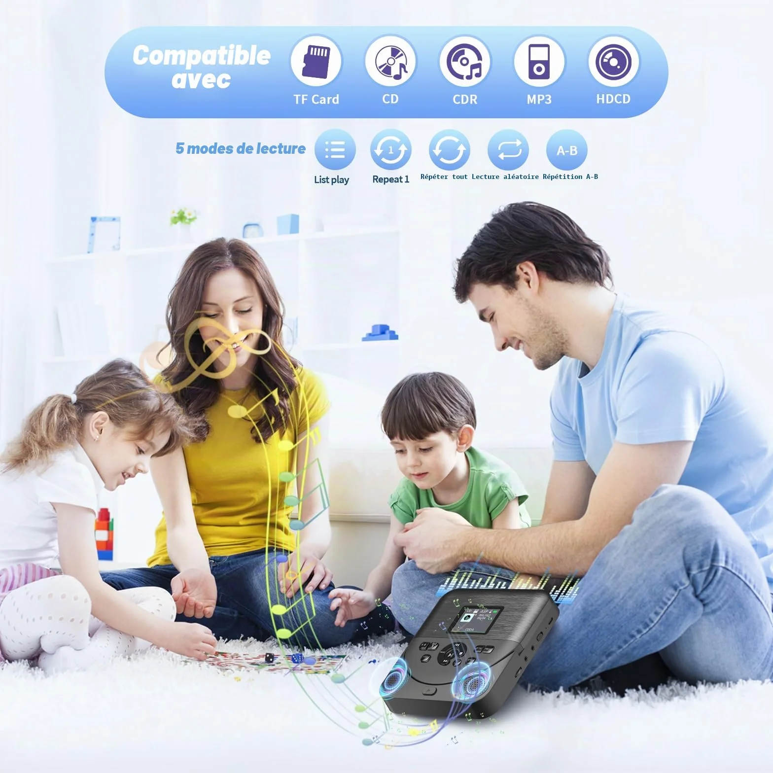 Lecteur CD Portable Bluetooth FELEMAN avec Haut-parleurs, Écran, Rechargeable, Émetteur FM, Noir