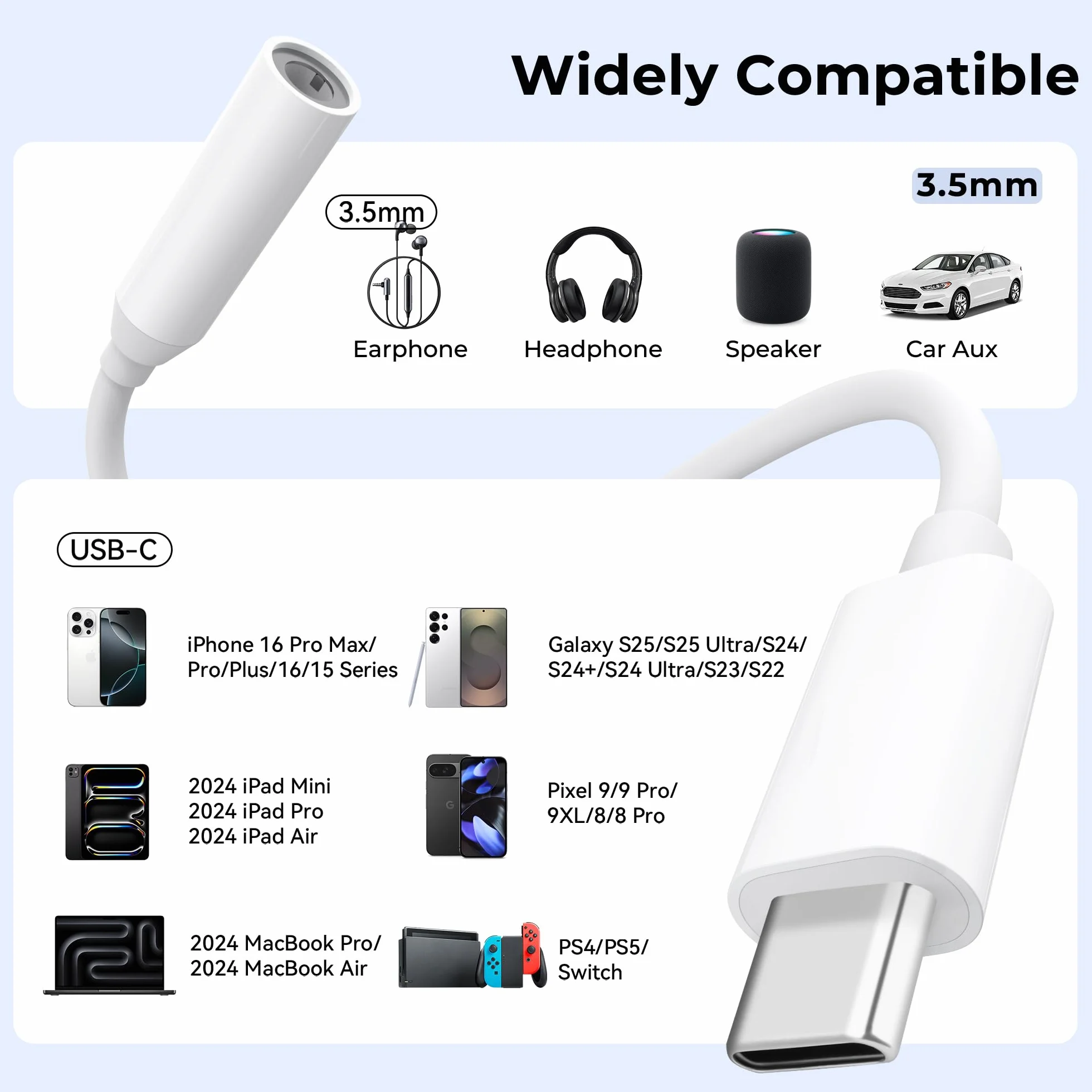 Adaptateur USB C Jack 3,5mm, Convertisseur USB-C vers Casque pour Samsung Galaxy S21 S20 S20+, MacBook Pro, Huawei Honor