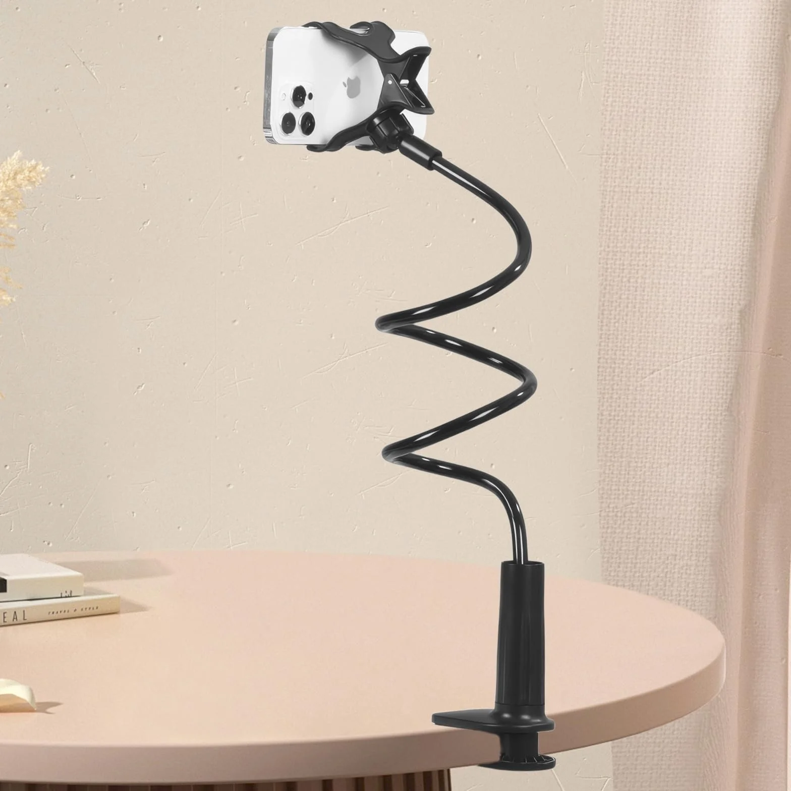 Support Téléphone pour Lit et Bureau, Flexible à Long Bras Porte Telephone Bureau Réglable 360°, Support Universel avec Pince pour pour Films et Appels (Blanc)