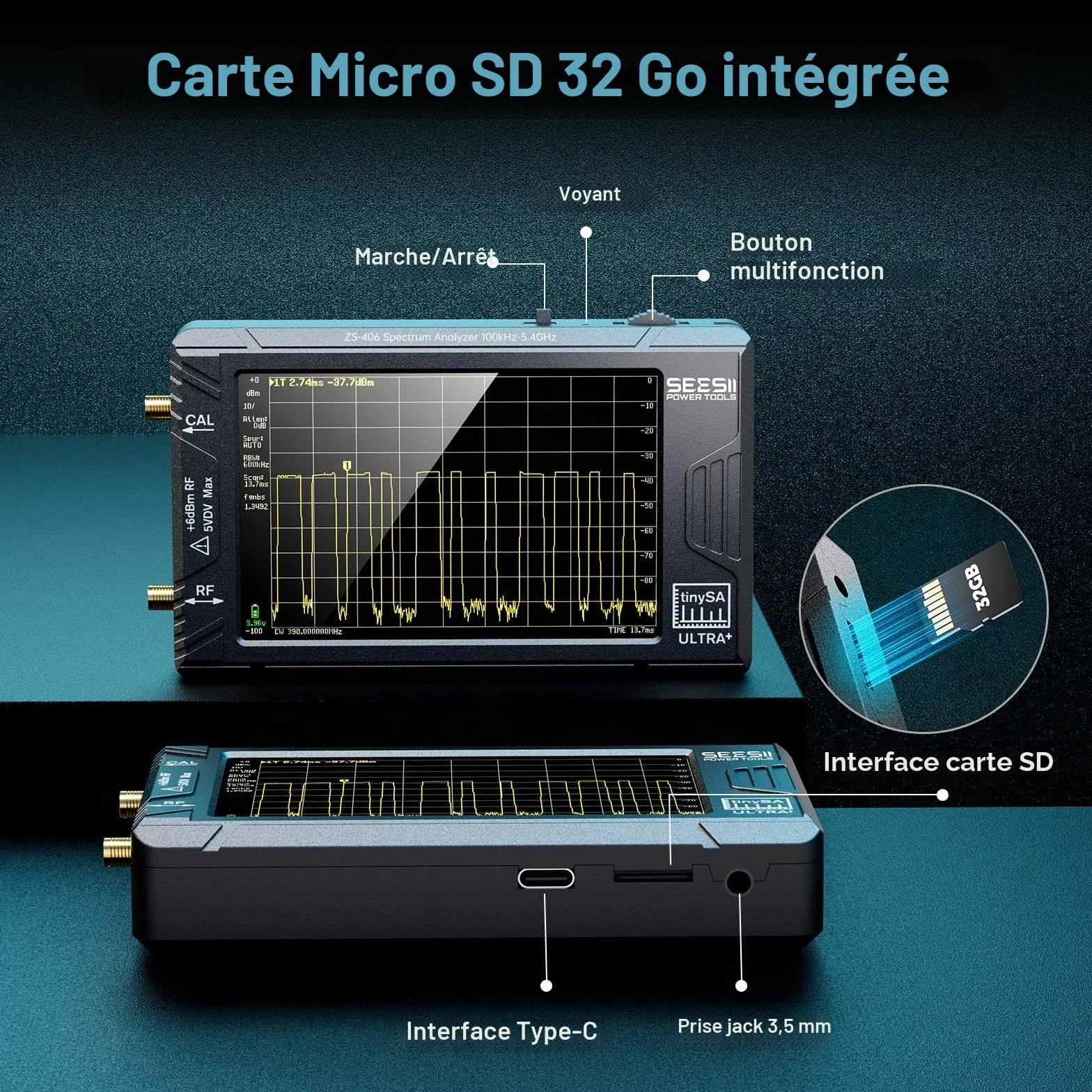 SEESII TinySA Ultra+ ZS406, Analyseur de Spectre 4,0 pouces, 100kHz-5,4GHz, Analyseur Portable avec Carte 32Go, Générateur de Signaux 2-en-1, Entrée MF/HF/VHF/UHF, V0.4.6.1, Version 2025