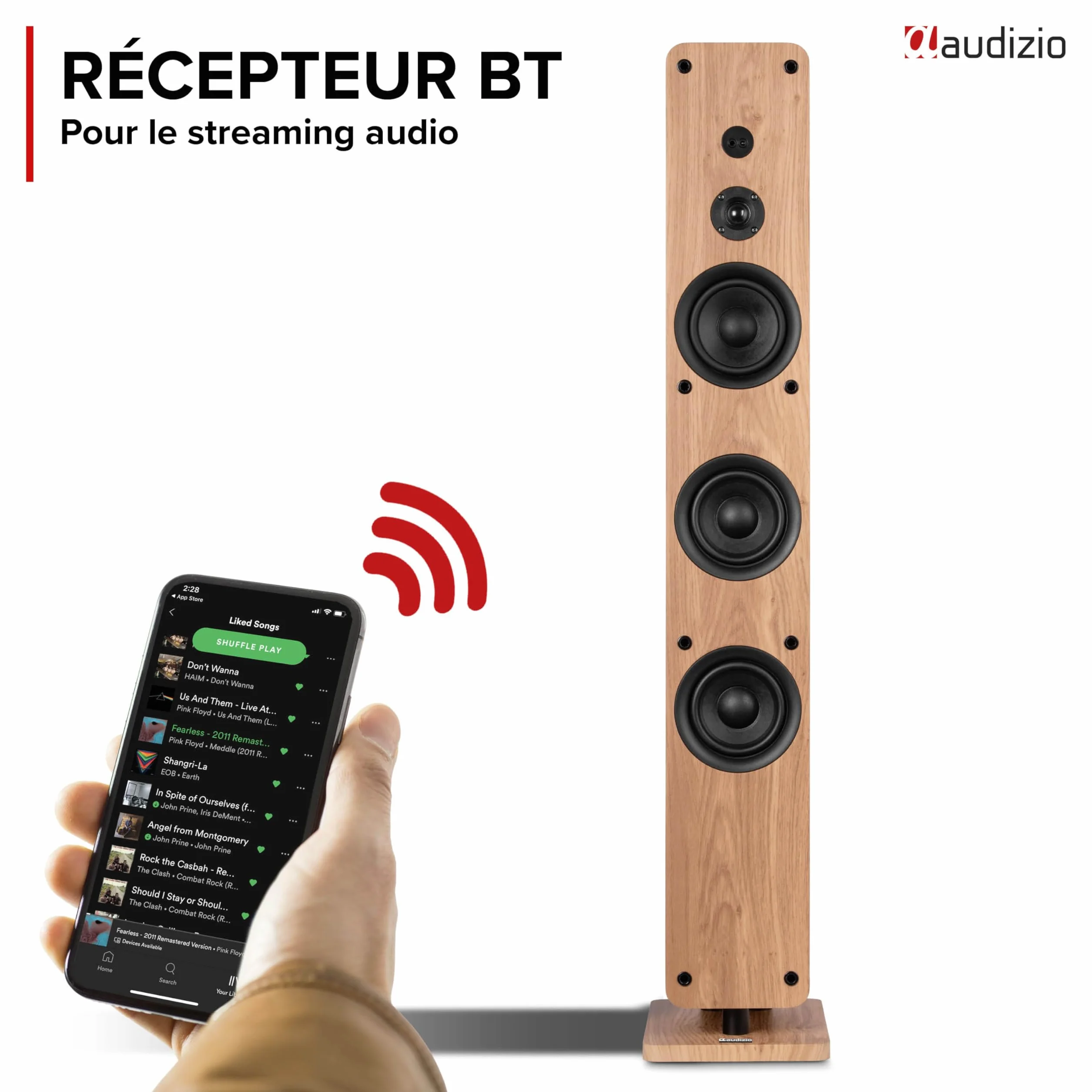 Audizio ARCO Tour de Son Hi-FI Stéréo 320W Chêne Clair - Pack Enceintes Colonnes Active + Passive avec BT, USB et Optique Tour de Son Design pour Salon, TV et Musique