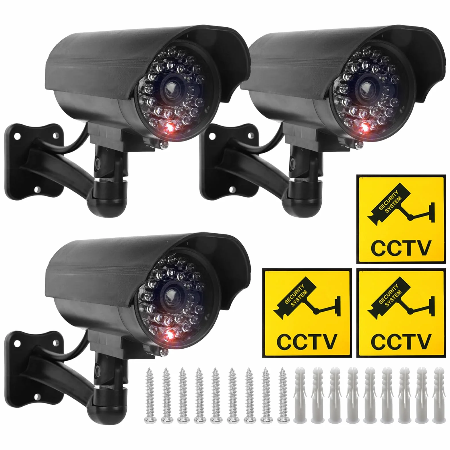 Sporgo Caméra Factice 3 Pièces: Caméra de Surveillance Factice Extérieure avec Lumière LED Rouge Clignotante, Caméra de Surveillance Factice Fausse Caméra de Sécurité pour Intérieur et Extérieur (Noir