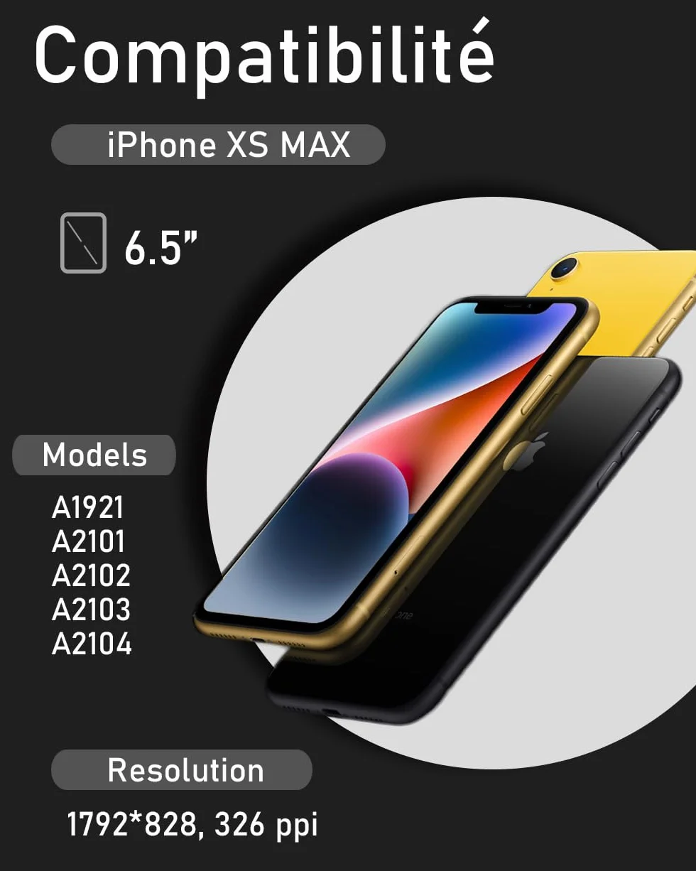 bokman Écran pour iPhone XS Max (6,5"), Écran LCD de Rechange et Numériseur Tactile avec Kit d'Outils de Réparation, Remplacement Vitre Avant (Modèles A1921, A2101, A2102, A2103, A2104)