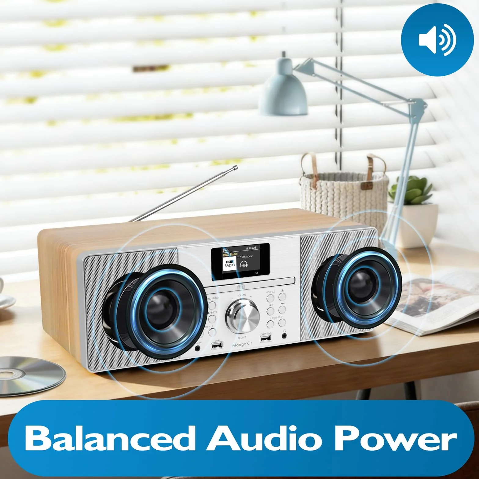 Lecteur CD avec Radio Dab/Dab+ et FM, Streaming Bluetooth, système Hi-FI stéréo 80 W, écran Couleur, 60 Stations préréglées, télécommande, Coffret en Bois Acoustique, MANGOKIT MS1-Arce