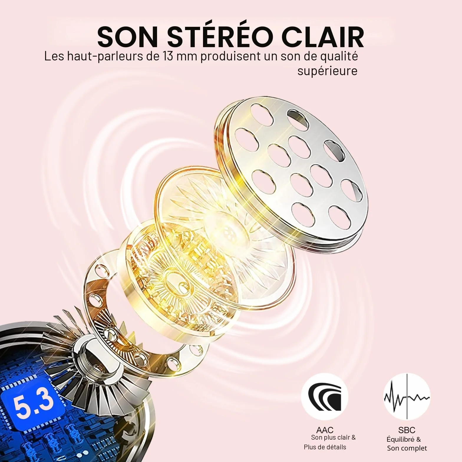 Ecouteurs Bluetooth sans Fil,2023 5.3 ENC Réduction Casque,40 Heures Durée de Lecture Écran LED,Hi-FI Son Stéréo,IP7 Étanche,Contrôle Tactile Oreillette Bluetooth W23 Or Rose
