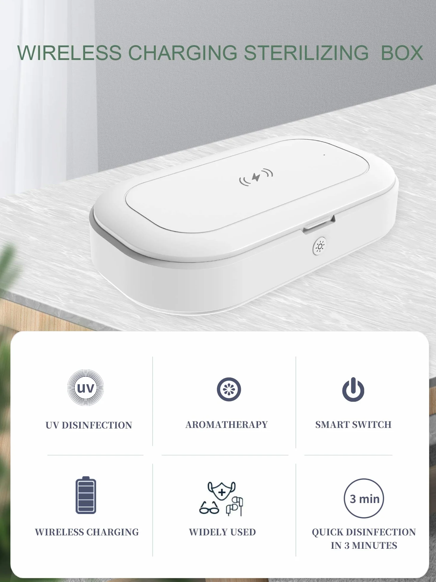 Boîte de désinfection à lumière UV, machine de désinfection portable pour téléphone de voyage, multifonction, sans fil, rechargeable avec fonction d'aromathérapie pour bijoux, masques, lunettes, clés