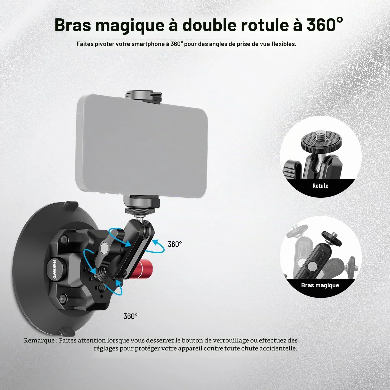 NEEWER Support Caméra Ventouse 4,5" Bras Magique, Compatible avec Arri 1/4" 3/8" Trous, Support Voiture Quick Release, Adaptateur Action Cam Compatible avec iPhone GoPro DJI Insta360, CA105