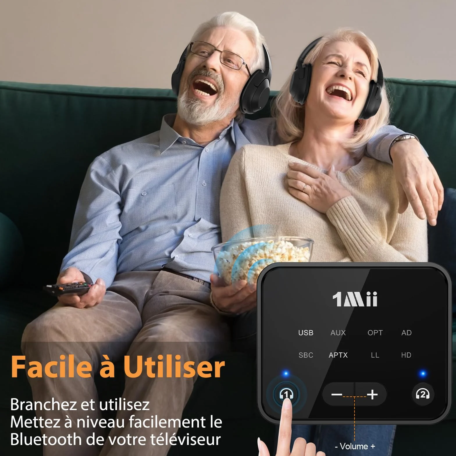 1Mii B06T6 Émetteur Bluetooth 5.3 pour TV vers 2 Casques sans Fil, aptX Adaptive & Faible Latence, Transmetteur Adaptateur Bluetooth, Double Connexion, Contrôle du Volume, Optique/USB/AUX/RCA