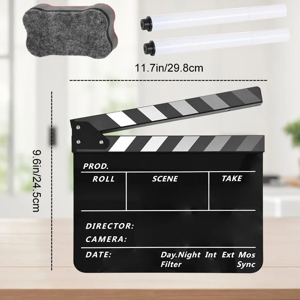 Clap de Cinéma 30 x 25cm,Acrylique Film Clapper,avec effaceur magnétique,2 stylos,Clap Cinéma pour Tournage Film,Tournage Vidéo