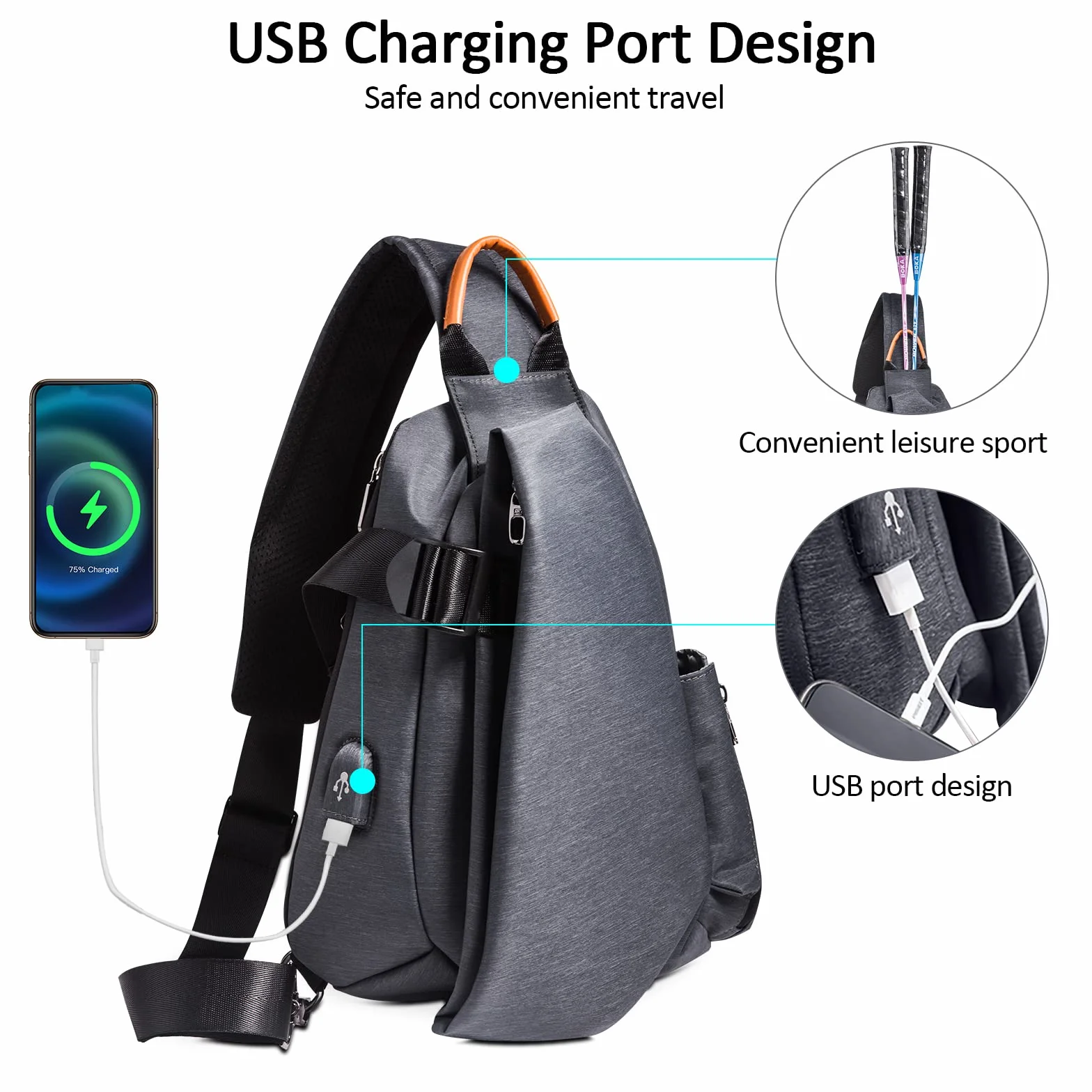 Sac de Poitrine Homme Mode USB Sling Sac Voyage Bandoulière Portable Camping