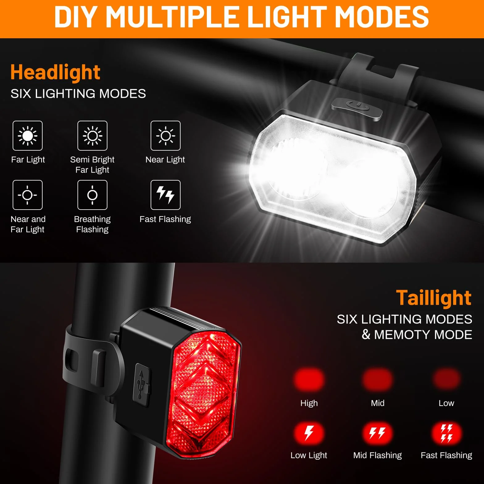 Kit Lumières pour Vélo Vinabo - Phare et Feu Arrière Recharge USB IPX6 6 Modes