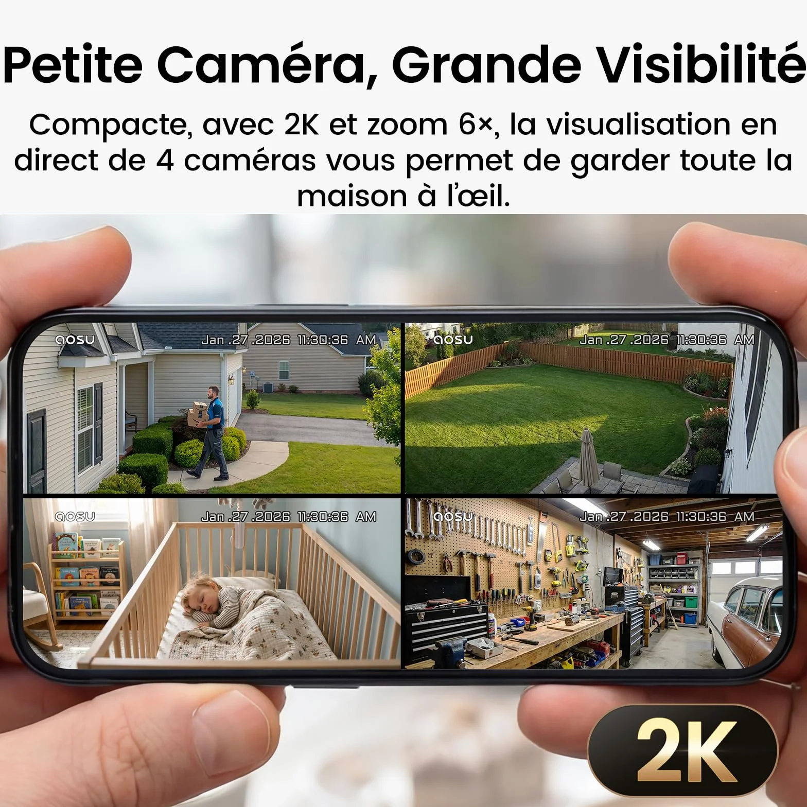 AOSU 2K Caméra Surveillance WiFi Extérieure Intérieur Sans Fil, 4 Cam Kit & 2.0 aosuBase, Sans Abonnement Requis, Extensible à 1 To, AI PIR Détection, Alarme Son et Lumière, Vision Nocturne en Couleur