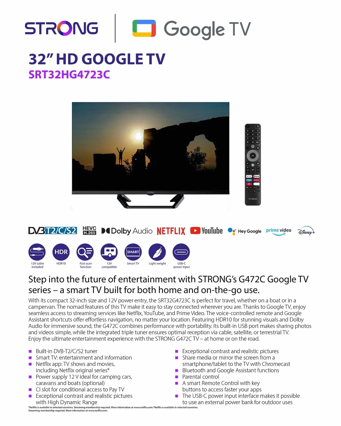 STRONG SRT32HG4723C 32" TV HD DVB-S2/C/T2 12V Camping-Car Cuisine Chambre Bateau 2 HDMI 1 USB Noir