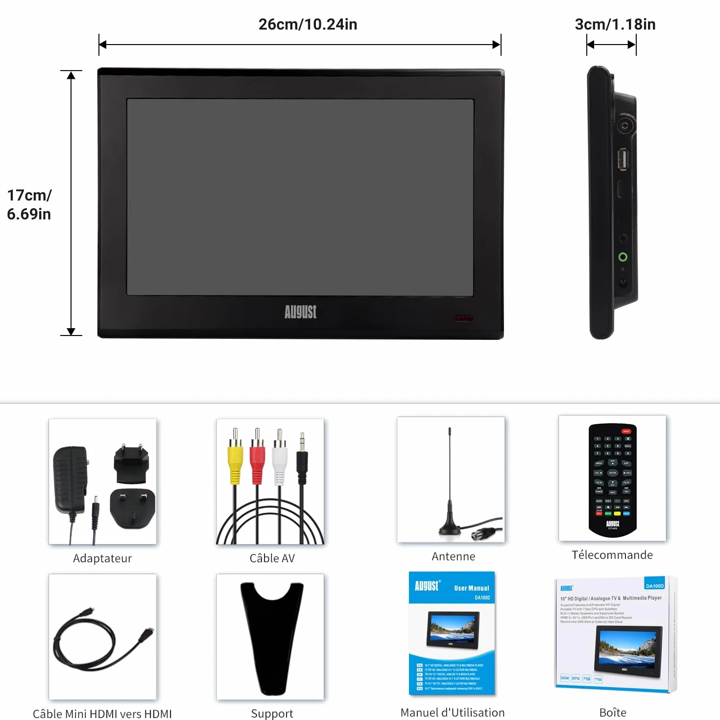 August DA100D Téléviseur Portable 10" TNT HD Enregistreur Intégré HDMI USB AV Camping Caravane