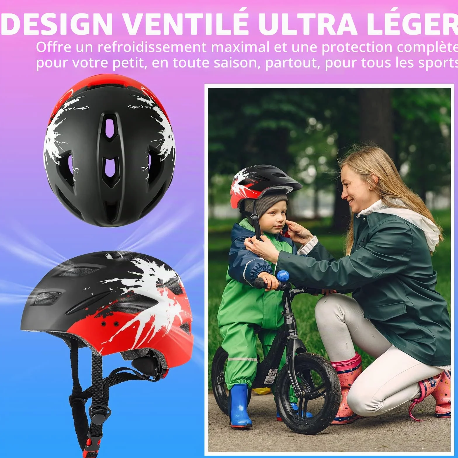 Casque de vélo Enfants 4-15 Ans léger avec feu arrière Cadran réglable visière Amovible 48-56 cm
