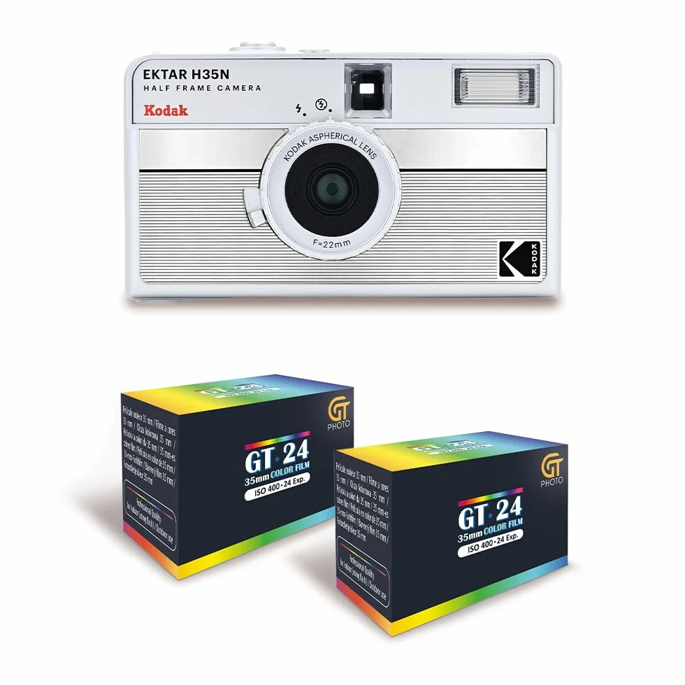 KODAK EKTAR H35N - Caméra Film Demi-Format 35mm Réutilisable, sans Mise au Point, Légère, Facile à Utiliser - Argent rayé + 2 Pellicules 35mm Couleur 24 Expositions