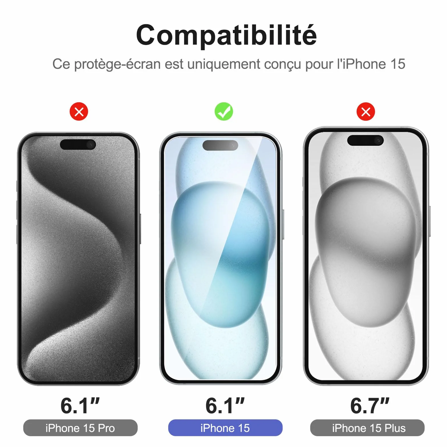 NEW'C Kit de 6, 3 x Verre Trempé pour iPhone 15 (6,1 Pouces) et 3 x Protection Caméra Arrière - Kit Outil d'Installation Facile + Bouchon Anti-Poussière -Anti Rayures - Ultra Résistant-HD Transparent