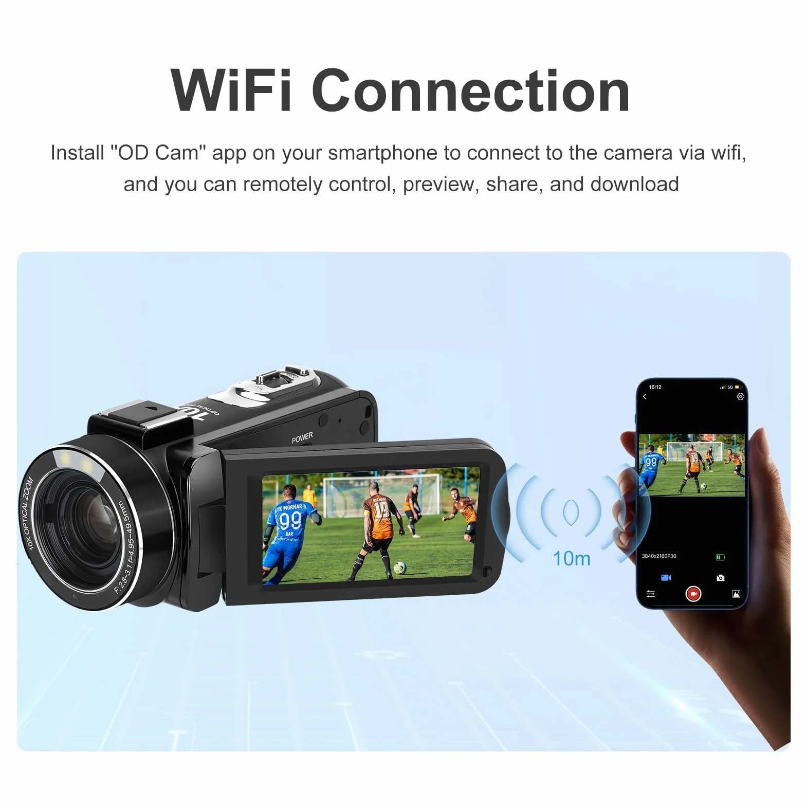 ORDRO Caméra Vidéo 4K Ultra HD Caméscope avec Zoom Optique 10X et WiFi, Carte SD 32GB