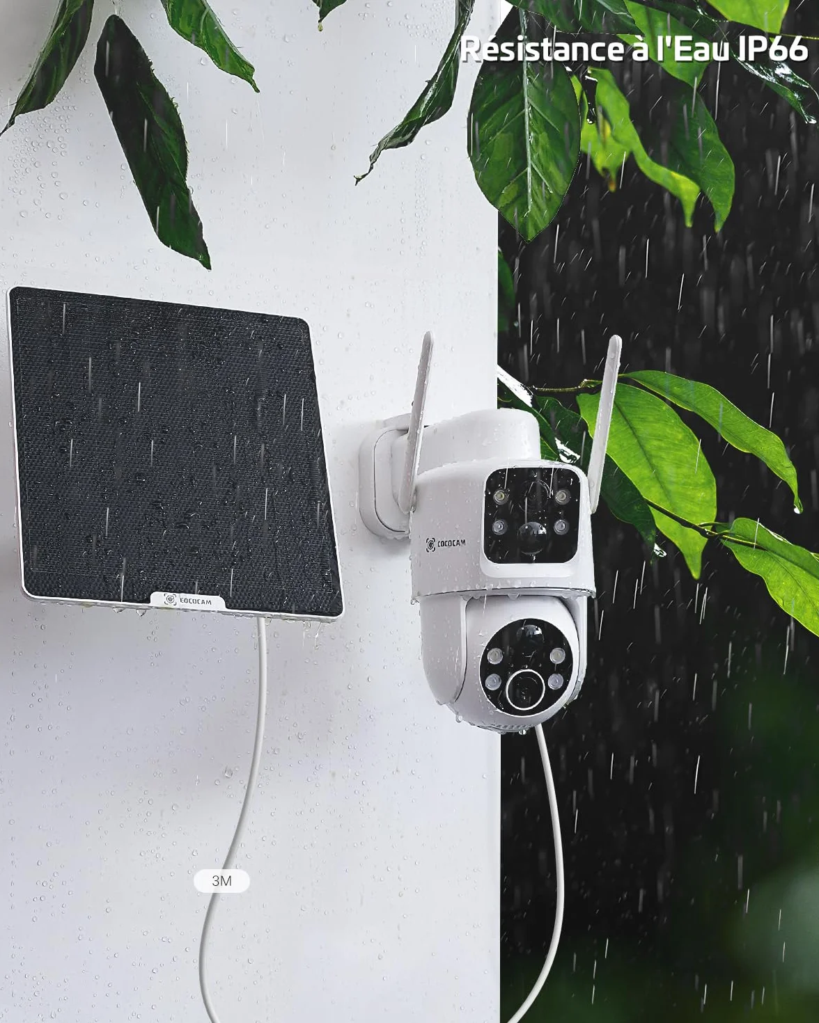 COCOCAM 2K Camera Surveillance WiFi Exterieure sans Fil, Double Objectif Double PIR, Batterie 10000mAh, 6W Panneau Solaire, 355°P 90°T, Vision Nocturne Couleur
