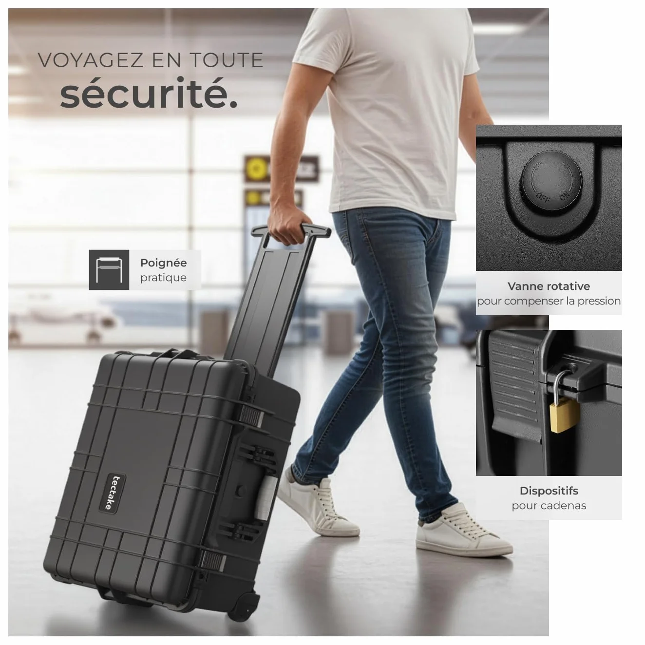 tectake® Valise à roulettes avec Protection en Mousse pour Appareil Photo, caméra & Accessoires ou Outils, Boite étanche, avec œillets pour Cadenas, Résistante aux Chocs, poussière & Eau