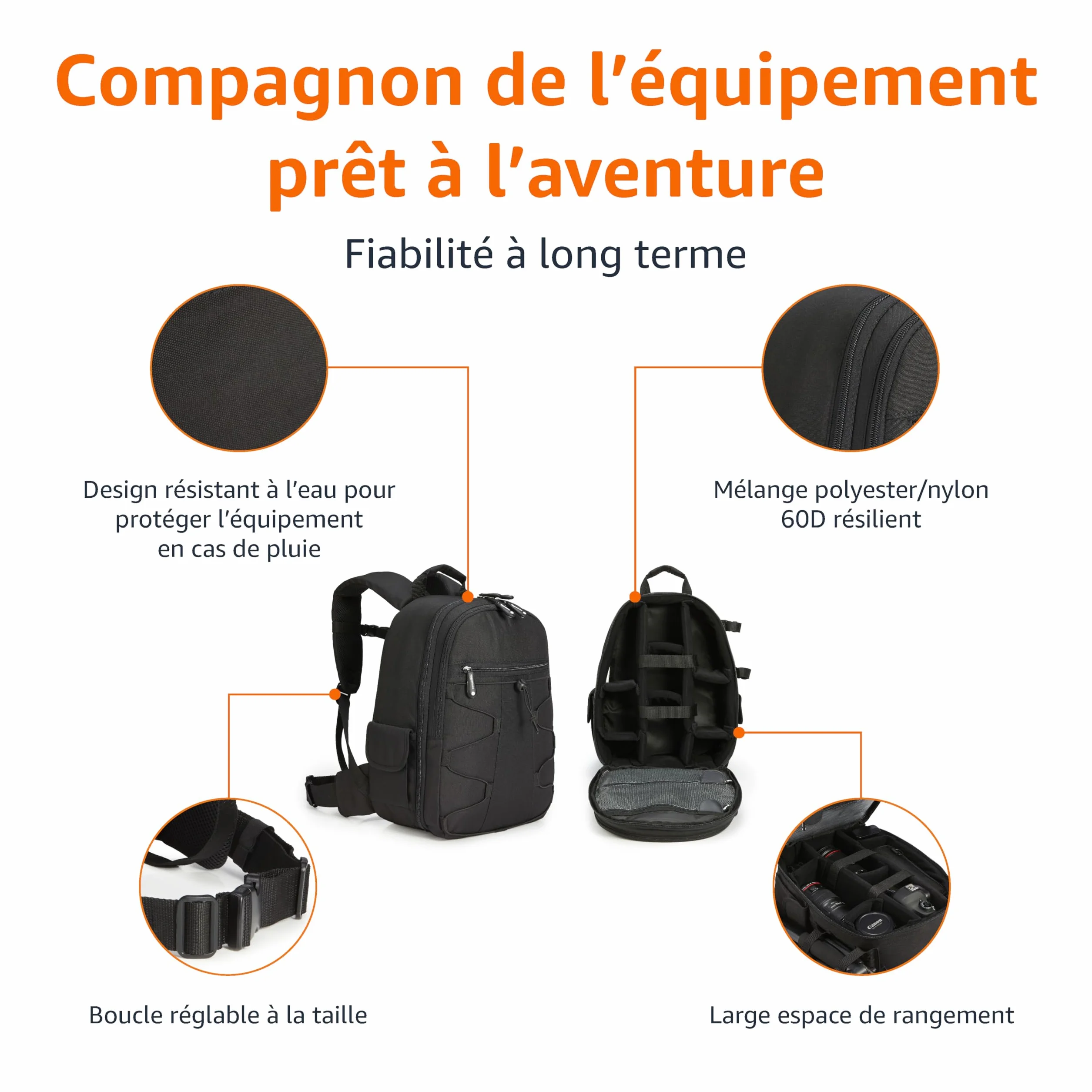 Amazon Basics Sac à Dos pour Appareil Photo Grande Capacité 30 x 15 x 37 cm Noir
