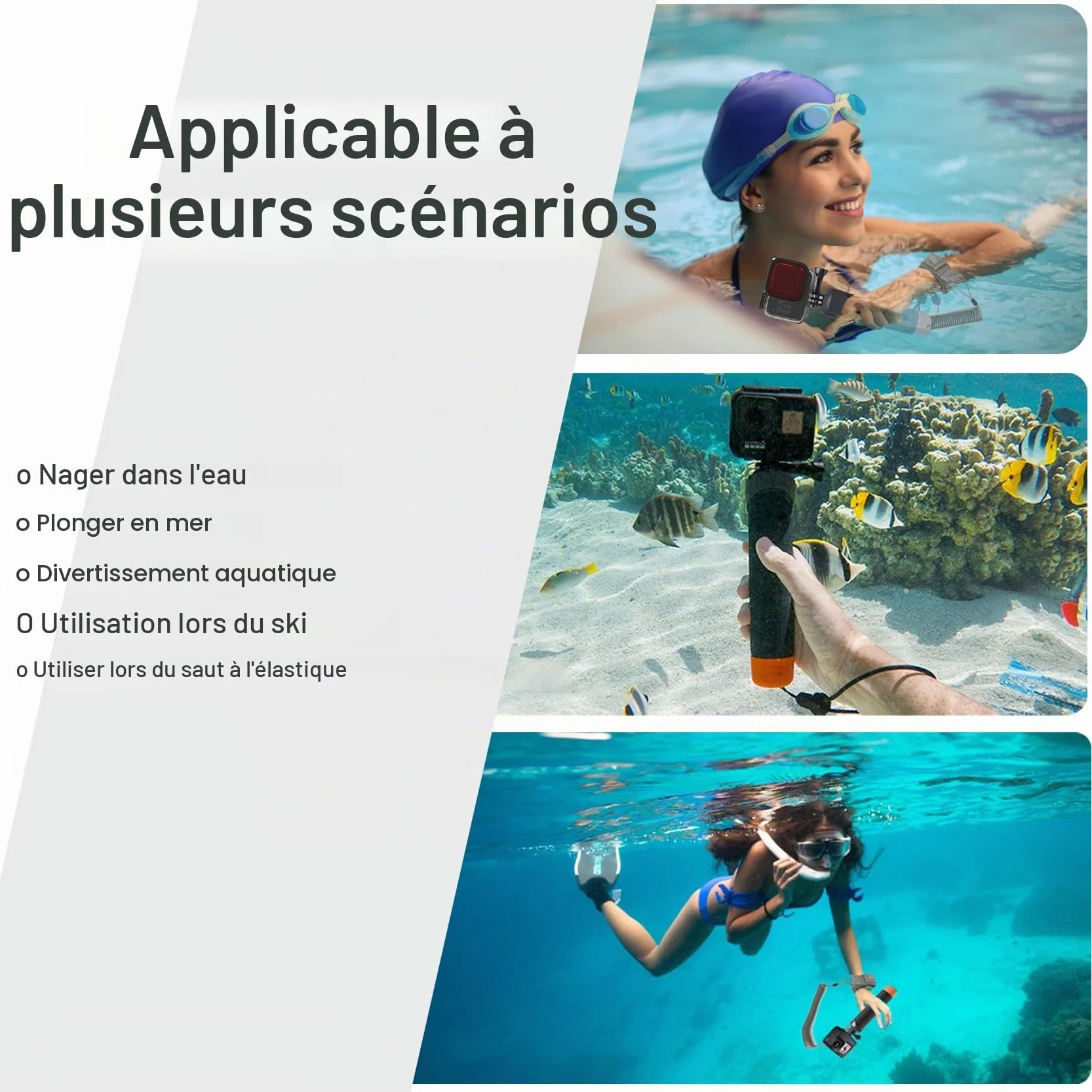 FitStill Monopode étanche avec poignée flottante + corde en acier Cored de sécurité pour caméras d'action Go Pro Hero Session DJI Osmo plongée sous-marine Selfie Stick
