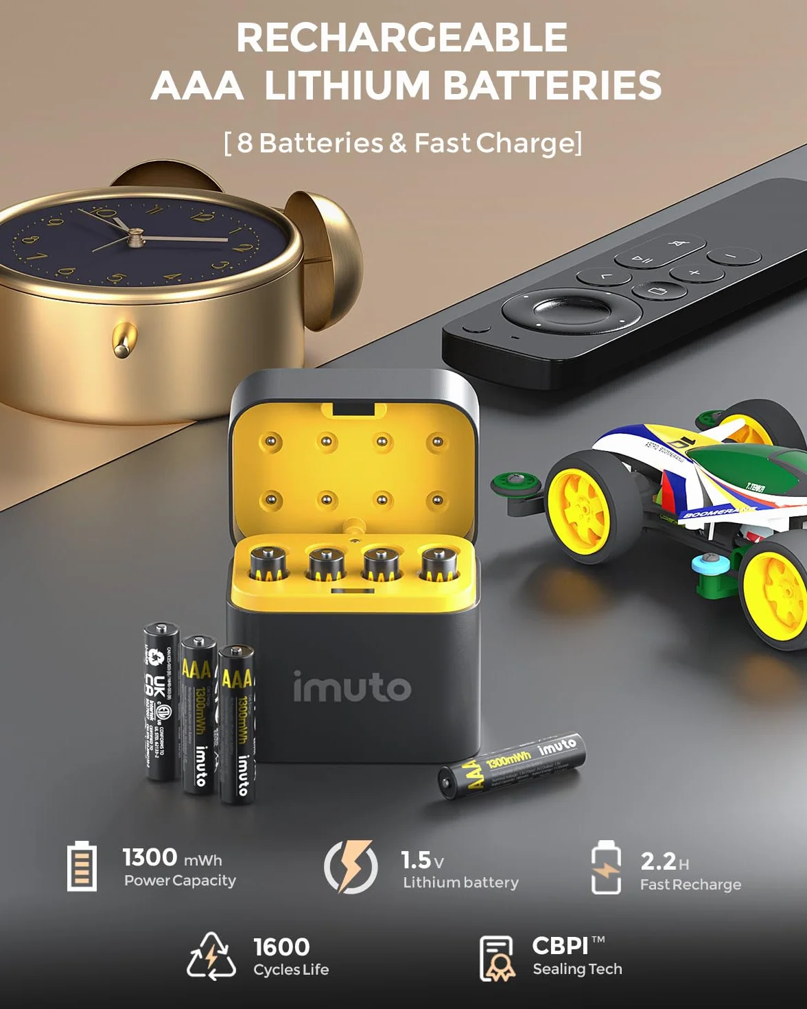 Imuto Piles AAA 1,5V Lithium 1300mWh 1600 Cycles Lot de 8 avec Chargeur