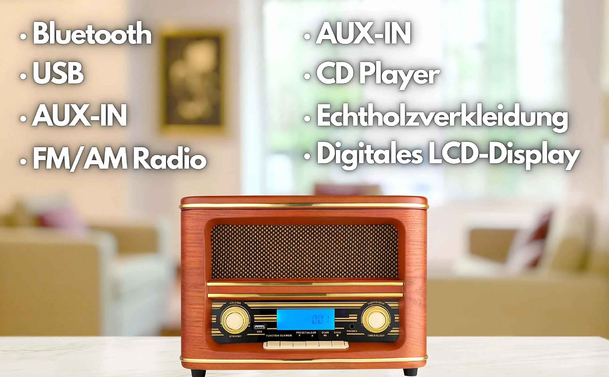 Radio rétro Bluetooth avec CD, USB et écran LCD
