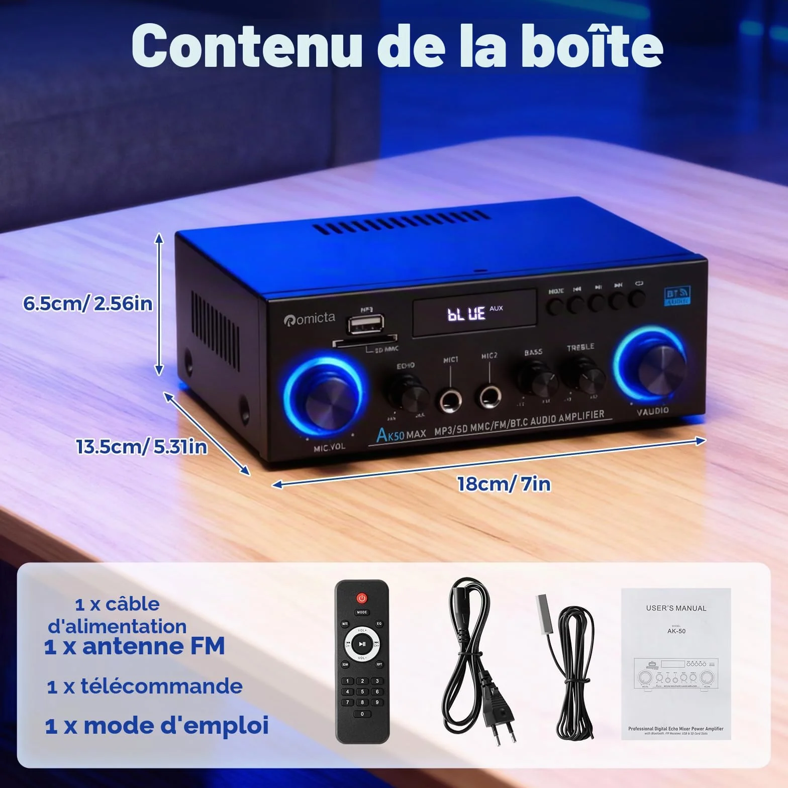 Romicta Amplificateur Audio Stéréo 800W, Bluetooth 5.0 | Radio FM, Lecteur USB/SD, Entrée AUX, 2 Micros avec Echo | Télécommande pour Home Cinéma et Maison