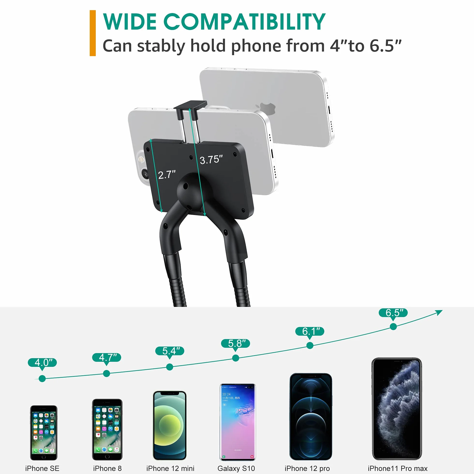 Support Telephone, Universelle Lit Support Téléphone Portable Cou 360° Porte Telephone Bureau avec Flexible Bras Long Multifonction Support Smartphone pour iPhone 13 12 11 Pro XS Max Galaxy S20