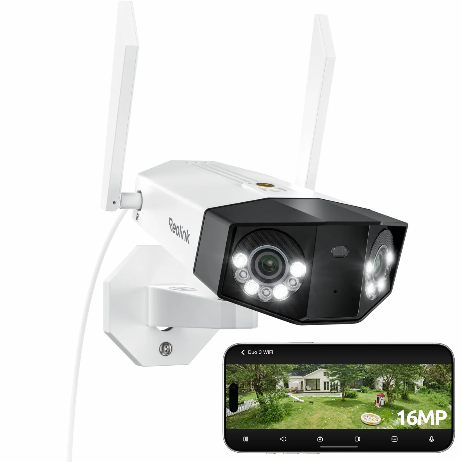 Reolink 16MP Caméra Surveillance WiFi, Panorama à 180°, Wi-Fi 6 Bi-Bande 2,4/5 GHz, Trajectoire Intégrée, Vision Nocturne Couleur, Détection Intelligente, Enregistrement 24/7, Etanche IP67, Duo 3 WiFi