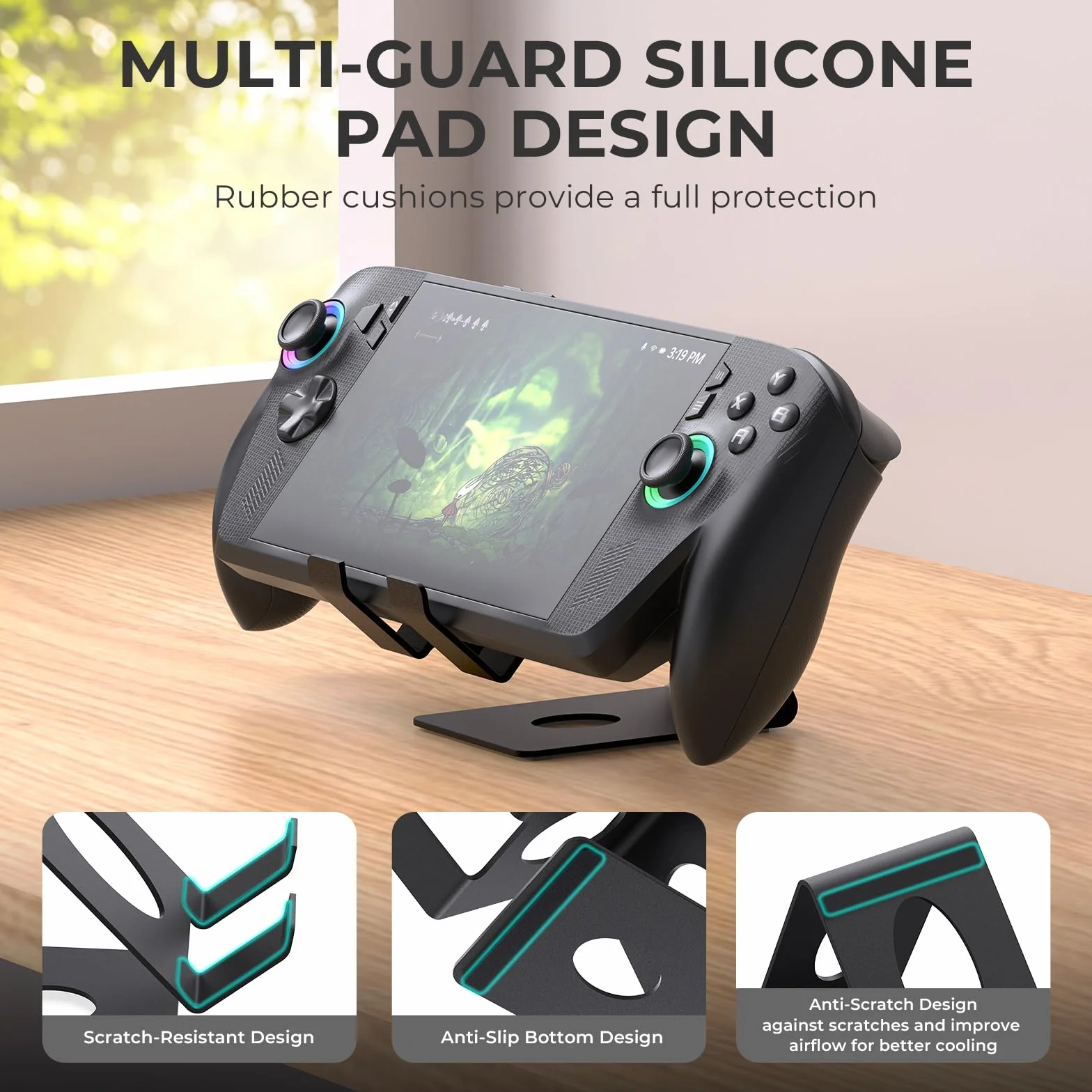 Support de bureau compatible avec ROG Xbox Ally/Ally X/PlayStation Portal/Steam Deck/ROG Ally/X/Switch 2, support de console de jeu portable avec coussinet en silicone antidérapant (noir)