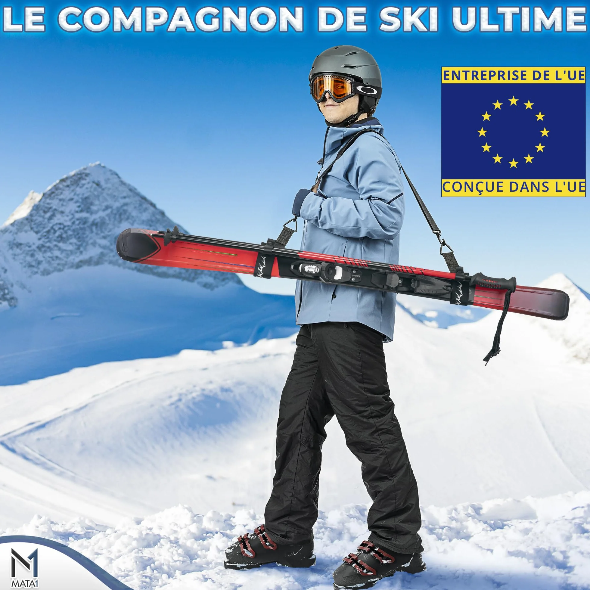 Sangle de Ski Porte-bâtons Noir Bandoulière réglable Transport Skis Bâtons