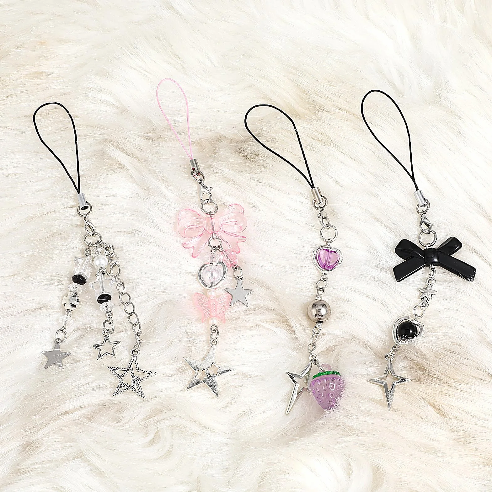4 jolies breloques pour téléphone portable, ensemble de bijoux de telephone, fraise rose, papillon, étoile breloque pour téléphone portable, porte-clés, décoration d'appareil photo