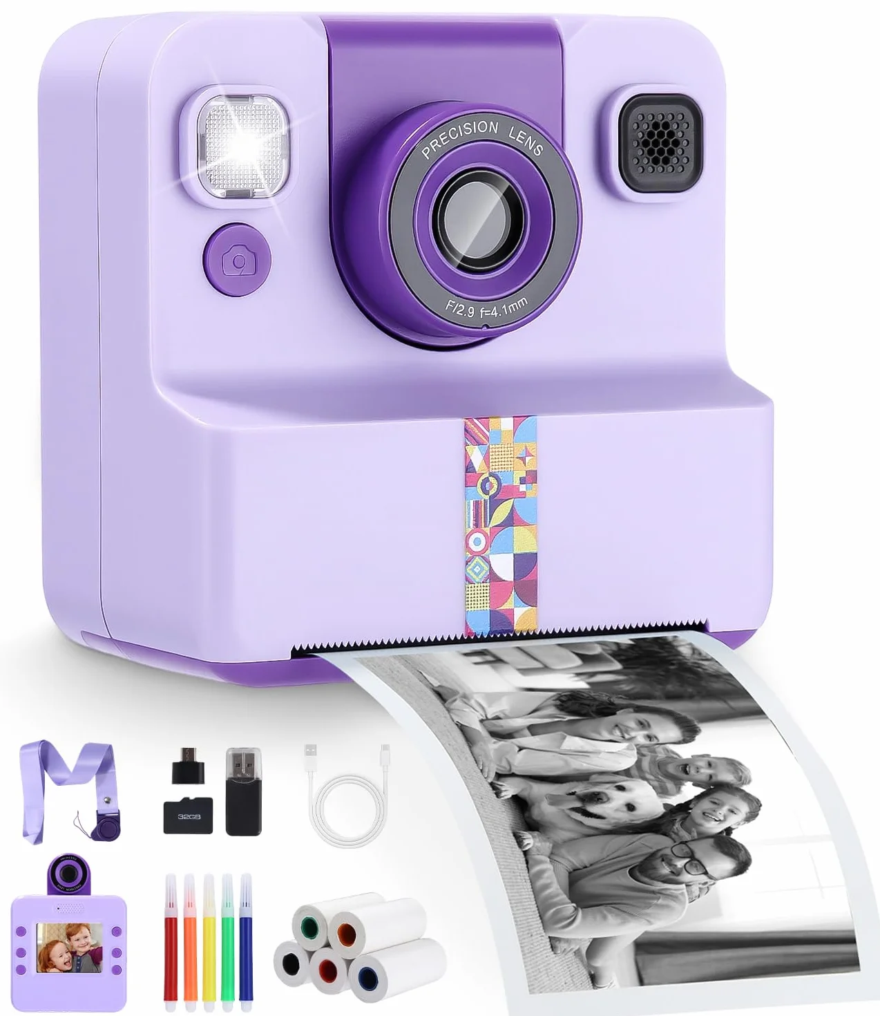 Appareil Photo Enfant, Appareil Photo Instantané Enfant, Kit avec 5 Rouleaux de Papier, 2.4" Écran, Vidéo 1080P et Selfie, Carte 32 Go, Cadeau Créatif pour Fille Garçon 3-12 Ans, Violet